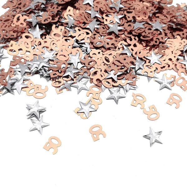 iZoeL 50th Rose Gold Table Confetti Bag 30g incl. 50th Birthday Confetti (1000pcs) Silver Star Confetti Sequin(200pcs) for 50th Birthday Party Wedding Anniversary Table Decoration (Rose Gold 50)