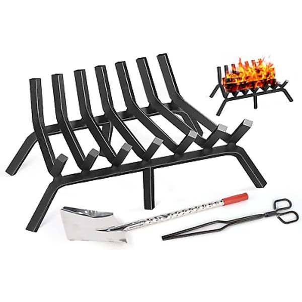 24 Inch Heavy Duty Iron Fireplace Grate with Fire Tong & Shovel for Camping