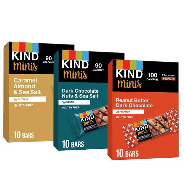 KIND Bar Minis, Variety Pack, Dark Chocolate Nuts and Sea Salt, Peanut Butter, Caramel Almond , Healthy Snacks, Gluten Free, Low Sugar/Calorie Snacks, 30 Count