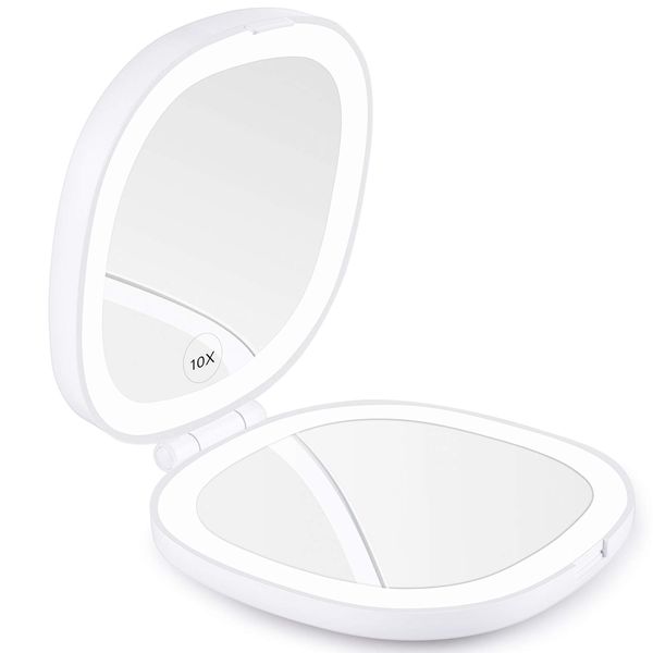 KEDSUM Lighted Travel Makeup Mirror, 1X/10X Magnifying Compact Mirror with Rechargeable LED Lights, Dimmable Double Sided Folding Mirror, Portable, Daylight, USB Charging (White)