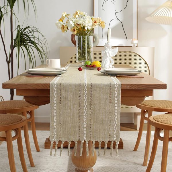 Wracra Hemstitch Cotton Linen Table Runner Farmhouse Style Almond Yellow Table Runner 90cm Long with Hand-tassels for Dining Kitchen Party and Dessert Table Decor(Almond Yellow, 90cm)