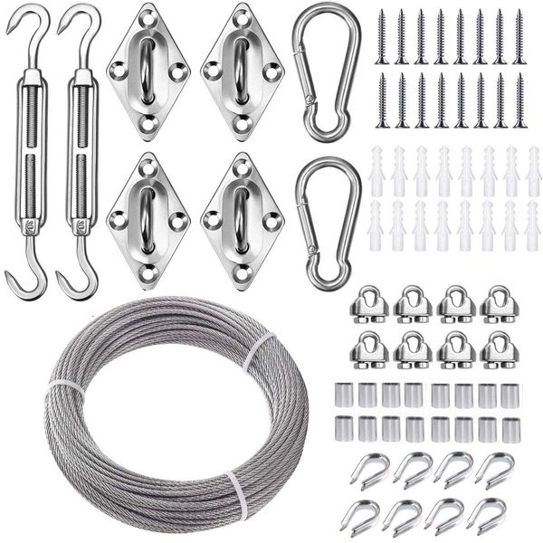 TooTaci T316 Stainless Steel Sun Shade Sail Hardware Kit Rectangle 6 Inch,50ft 1/8 Cable Wire for Rectangle Shade Sail,70pcs Marine Grade Shade Sail Hardware with 1/8 Cable for Patio,Outdoor Canopys