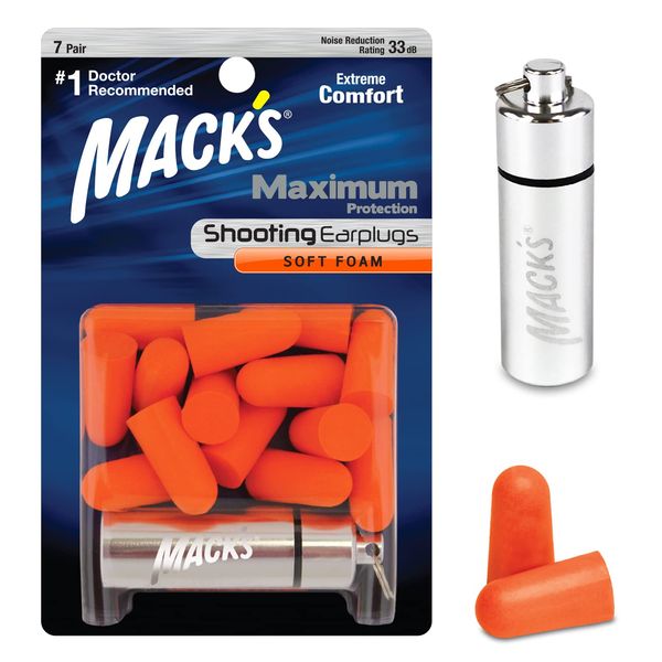 Mack's Maximum Protection Soft Foam Shooting Ear Plugs - 7 Pair Plus Travel Case, 33 dB Highest NRR – Comfortable Earplugs for Hunting, Tactical, Target, Skeet and Trap Shooting