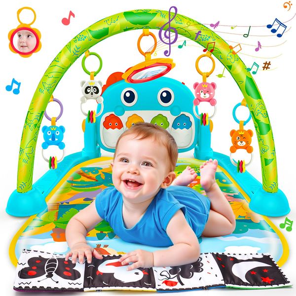 Dinosaur Baby Gym Play Mats 0-6 Months Tummy Time Mat Musical Activity Center with High Contrast Book Piano Floor Playmate for Baby 0-3 3-6 Months Infant Toys Gifts for 2 3 4 5 6 Month Old Boys Girls