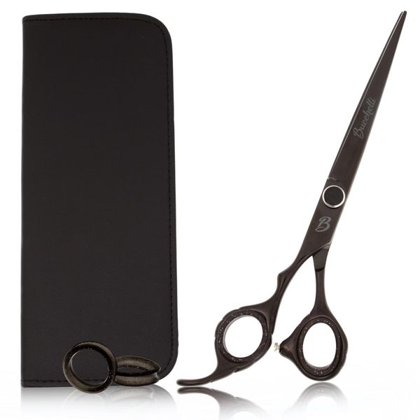 Bucchelli 7 Inch Left Handed Shears for Hair Cutting - Japanese 440A Inch Barber Scissors - Micro Bevel Edge with Adjustable Tension Knob - Hair Shears Black (Black Left 7")