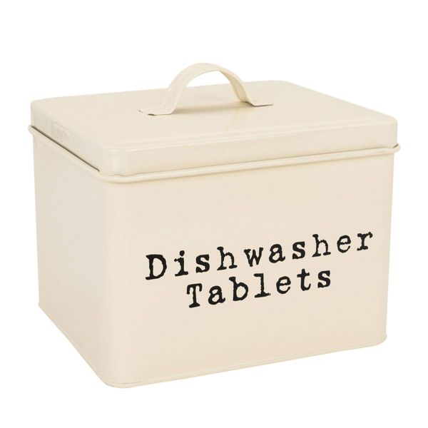 Harbour Housewares Industrial Dishwasher Tablet Storage Tin - Vintage Style Steel Kitchen Storage Caddy with Lid - Cream