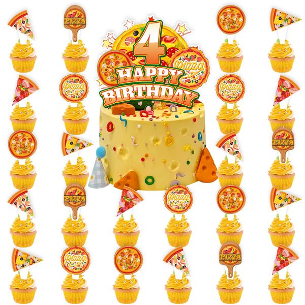 25pcs Pizza 4th Birthday Party Supplies, Pizza Night Cupcake Food Picks Decorations, Pizza Theme Happy Birthday Cupcake Toppers Baby Shower Kids Decoration (4th)