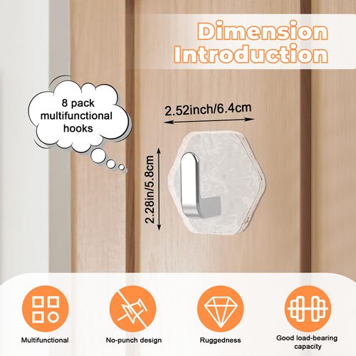 Wshxjzyay 8Pack Drill Free Adhesive Hooks，Water Ripple Hexagonal Self Adhesive Hooks for Bathroom Towels Keys Bags Hats Coats (Silver)