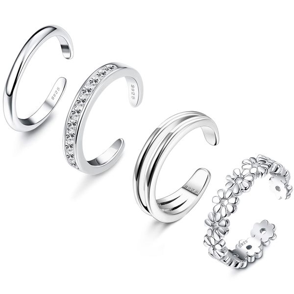 ADRAMATA 4 Pcs 925 Sterling Silver Toe Rings for Women Open Adjustable Band Rings Jewelry Set