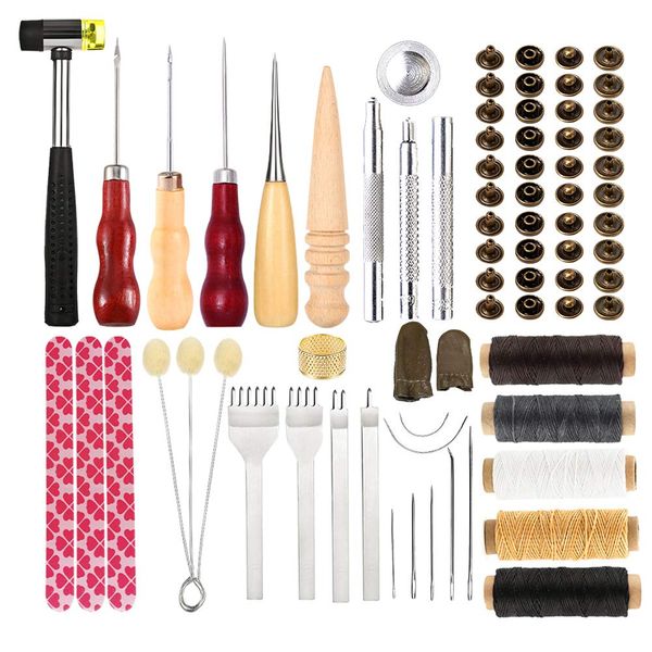 Leather Tools Kit, Leather Working Tools, Basic Leather Sewing Kit with Waxed Thread Cord, Prong Punch and Rivets Kit, Hand Sewing Needles, Leather Tools for Leather Shoes Bag Belt Repairing Stitching