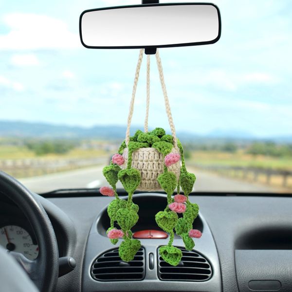 Crochet Hanging Plant for Car Cute Potted Plants Crochet Decor Car Mirror Hanging Accessories Rear View Ornament Hanging Boho Handmade Knitted Pendant (Pink)