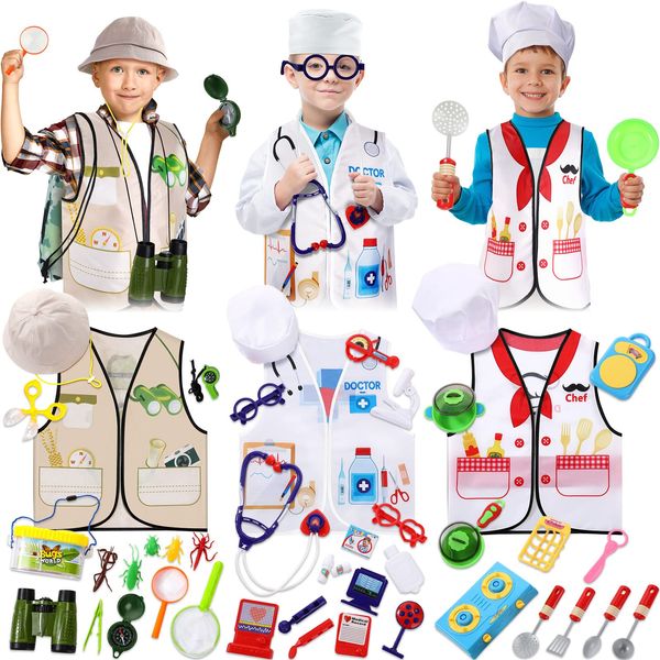 3 Sets Kids Dress up and Role Play Clothes, Boys Girls Dress up Clothes Costumes, Doctor, Chef, Explorer Vest for Kids Children Pretend Role Accessories