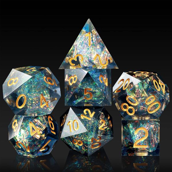 Dungeons and Dragons Dice Set,DNDND Handmade Sharp Edge 7 Die with Gift Dice Case for DND Dungeons and Dragon Game (Dark Cyan with Gold Number)