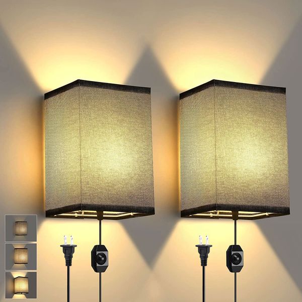 Lightess Wall Lamp Dimmable Set of Two, Plug in Wall Sconces with On/Off Switch, Fabric Wall Lights Wall Mount Plug in Lamps, Wall Lamps for Bedroom Living Room Hallway, Corded Wall Sconce Indoor