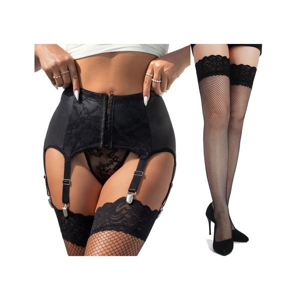 ohyeahlady Women's Fishnet Stockings and Faux Leather Suspenders Set Plus Size Garter Belt with 6 Adjustable Strap Clip Sexy Lingerie Sets UK 16 Black