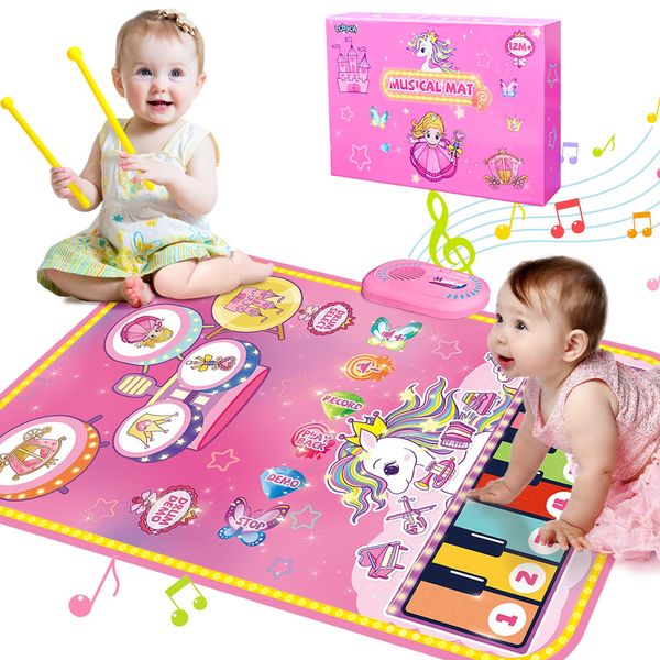 Lobyoh Toys for 1 Year Old Girl, 2 in 1 Music Mat Piano Playmat Toddler's Drum Toy, Princess Gifts for Girls 1 2 3 4 5 Year Old