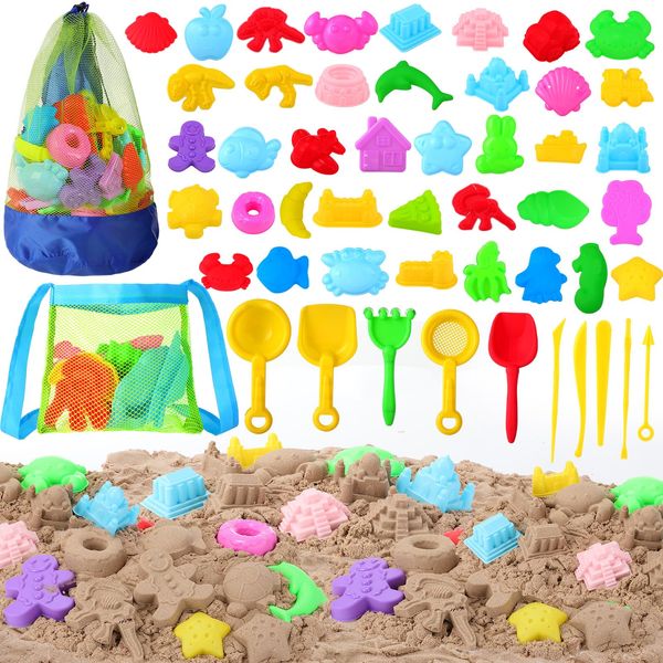 Rotatingpals 48 Pcs Beach Toys for Kids Sand Toys with Mesh Beach Toy Bag Sandbox Toys for Toddlers Age 3-10 Kids Travel Sand Toys Sand Shovels