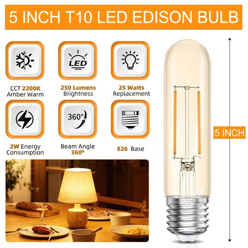 GvvooHome Tubular LED Edison Bulb 2200K Amber Warm Dimmable, 2W, 25 watt Equivalent, E26 LED Light Bulbs, T10 Edison Bulbs for Chandeliers, Ceiling Fan, 90+CRI 250LM, 6 Pack