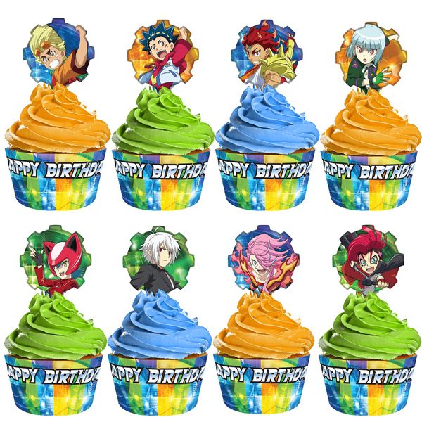 Treasures Gifted Officially Licensed BEYBLADE BURST Party Supplies - (24) BEYBLADE Cupcake Topper and Wrappers - BEYBLADE Birthday Party Supplies - BEYBLADE Party Supplies - BEYBLADE Cake Toppers