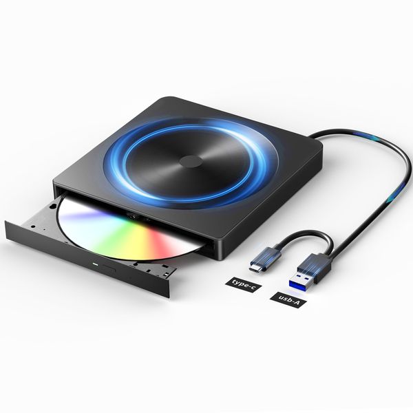 CD DVD Drive, External USB 3.0 & Type-C Cable, External DVD Drive, CD Drive, Windows/Linux/Mac OS Internal Cable, Thin, Lightweight, Portable, Read & Write, Error Calibration, Japanese Instruction