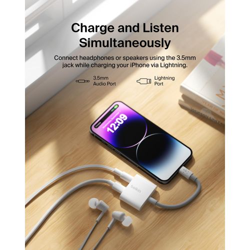 Belkin RockStar Lightning to 3.5mm Audio Cable + Audio Charger Splitter, 2-in-1 Aux iPhone Headphone and Charger Adapter - Compatible with iPhone 14, 13, 12, 11, X, and More - White