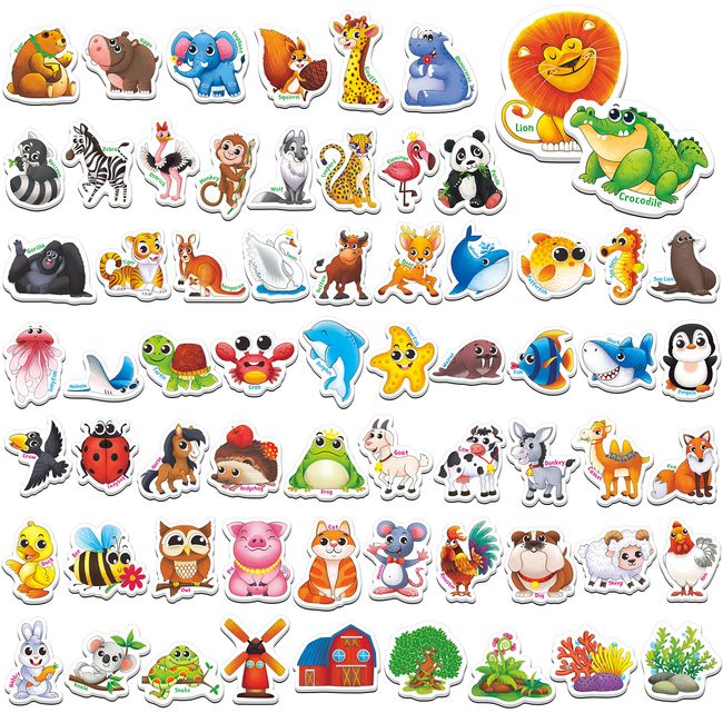 65 PCS Animal Magnets, Adorable Magnetic Animal with Name Fridge Magnets-Wild Animal, Farm Animal & Marine Animal-Thickened Cardstock Refrigerator Magnets Cute Educational Learning Toys for Kids 3+