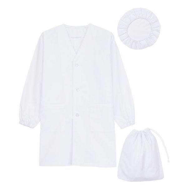 Nishiki Smock Lunch Apron, 3-Piece Set, Long Sleeve, Children's White Coat, white solid