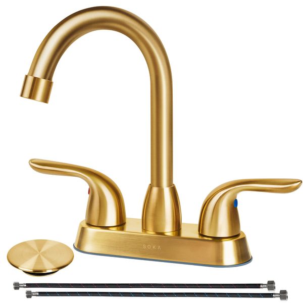 SOKA 2 Handle Bathroom Faucet Gold, 4 Inch Gold Bathroom Sink Faucet Centerset with Lift Rod Drain Stopper and Supply Hoses, RV Bathroom Faucet 3 Holes, Brushed Gold Bathroom Faucet