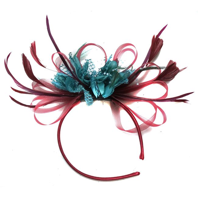 Caprilite Fashion Burgundy and Teal Fascinator Headband Net Hoop Feather Hair Wedding Royal Ascot Races