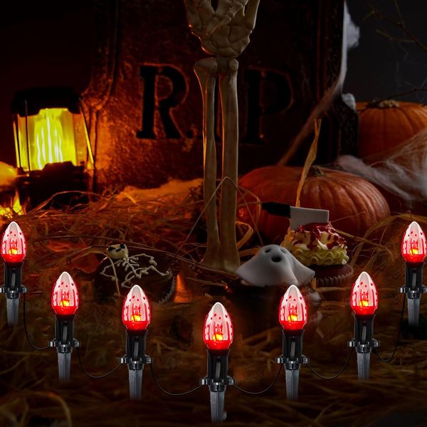 Cbebew 38Ft Halloween Pathway Lights, C9 Flickering Flame String Lights with Stakes, Waterproof Patio String Lights with 25 Flicker Light Bulbs for Lawn Garden Walkway Party Halloween Decoration