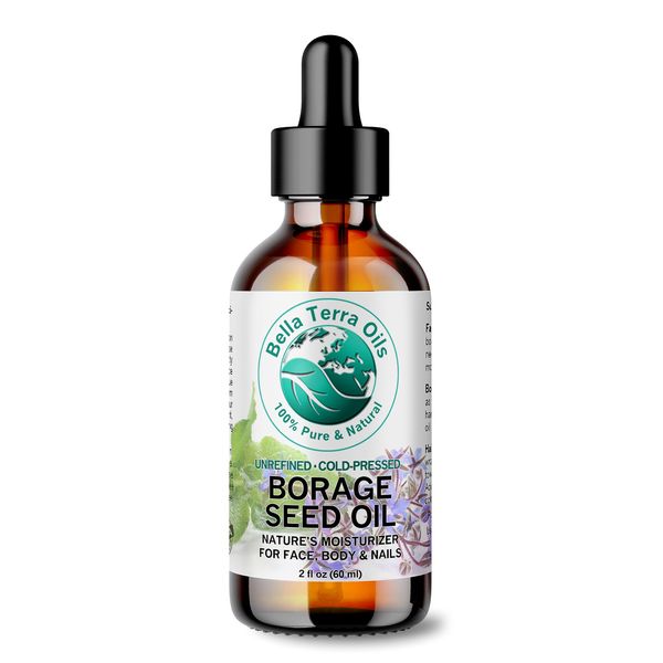 Bella Terra Oils - Organic Borage Seed Oil 2 oz - Cold-Pressed Excellence, Rich in Gamma-Linolenic Acid (GLA), Vitamins & Minerals, Ideal Nourishing Elixir for Skin