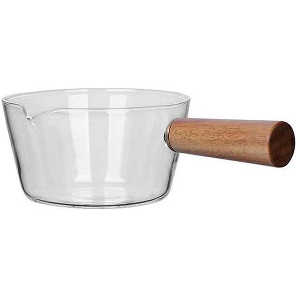 Single Handled Cooking Pot, Wooden Handle, Sauce Pan, Heat Resistant Glass Pot, Stylish, Cute, Multi-functional Pot, Cookware, Soup Pot, Easy to Clean, Direct Fire, Induction Compatible, Kitchen, Pasta Noodles, Milk Pan, For Household Use (13.5 fl oz (400