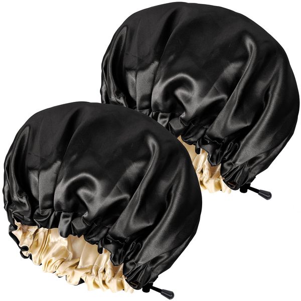 Ranphykx 2PCS Satin Sleep Cap,Adjustable Double-Sided Sleep Bonnet,Bonnet Cap for Sleep (2 Black)