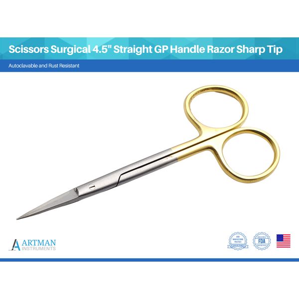 Scissors Surgical 4.5" Straight Gold Plated Handle Razor Sharp Tip ARTMAN
