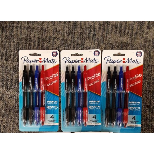 3 Packs of 4: PaperMate Profile Ballpoint Pen, Med Point, Colored Inks W7E -4777