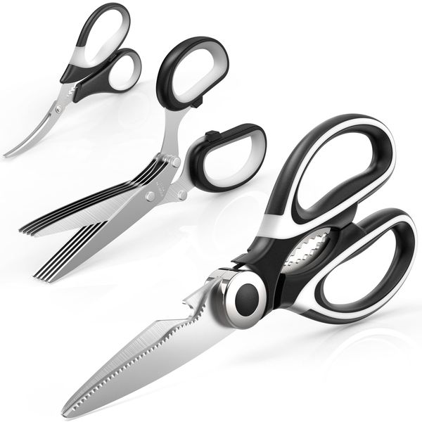 Kitchen Shears 3 Pack - Kitchen Scissors Set with Heavy Duty Kitchen Shears, Herb Scissors with 5 blades, Seafood Scissors - Lifetime Replacement Warranty…