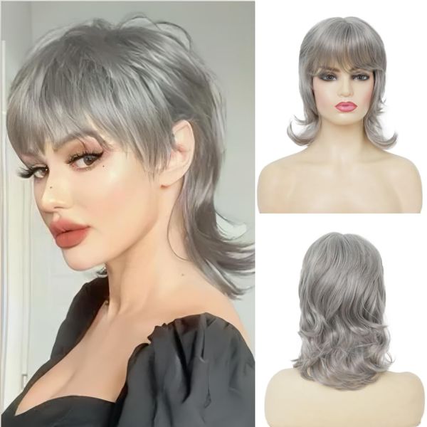 Salaibs Grey Mullet Wig for Women Short Layered Hair Wig with Bangs Shoulder Length Wig for Cosplay Rocker Halloween Use