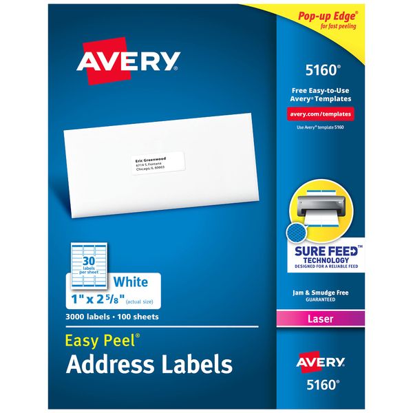 Avery 5160 Easy Peel Address Labels , White, 1 x 2-5/8 Inch, 3,000 Count (Pack of 1)