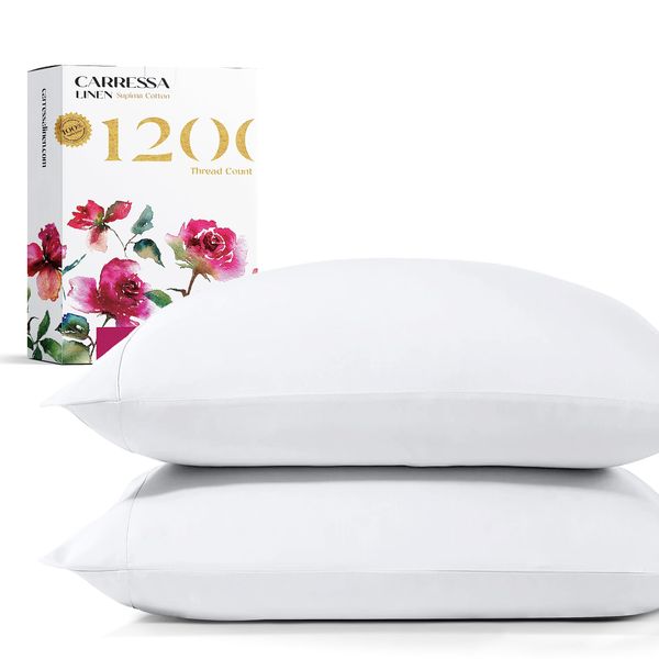 Carressa Linen Luxury Pillow Case 100% Supima Cotton - 1200 Thread Count King Size Pillow Case White Set of 2 - Soft Sateen Weave, Breathable Pillow Covers Fits King Size Pillows