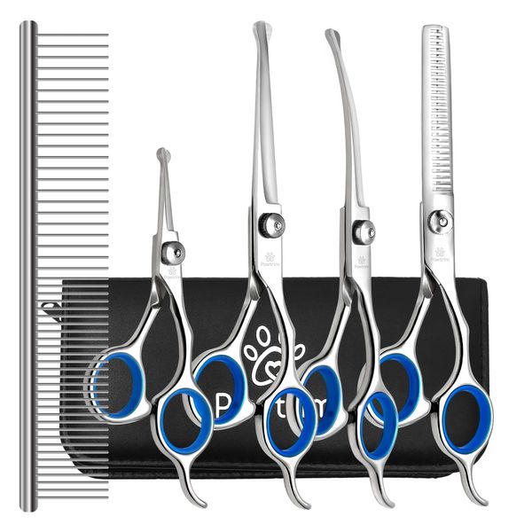 Pawtrim Professional Pet Grooming Kit – 6 in 1 Dog Grooming Scissor Kit - Dog & Cat Grooming Supplies - Adjustable Screw Scissors, 4CR Stainless Steel Dog Clippers, Hair Thinning Shears, Rubber Grips…