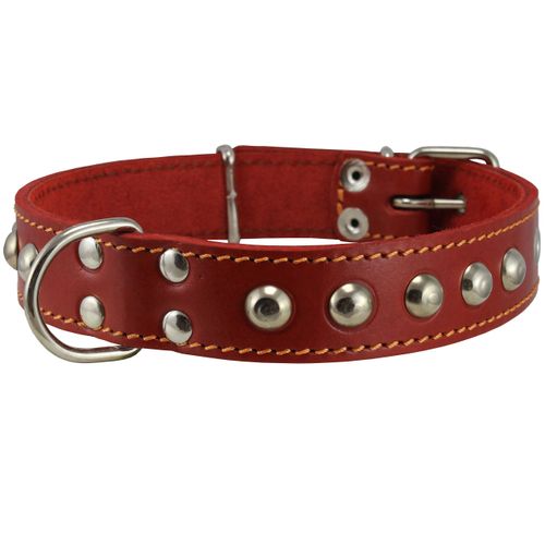 Genuine 1" Wide Thick Leather Studded Dog Collar. Fits 14"-17" Neck, Medium Breeds.