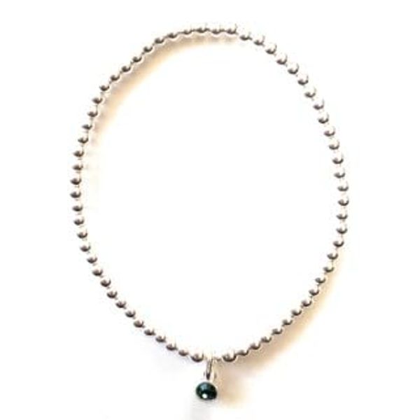 Sterling Silver 925 Beaded Stretch Bracelet with Emerald/may Birthstone Bezel Charm