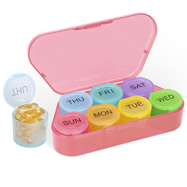 Simpolor Weekly Pill Organizer, BPA Free Medicine Organizer Rainbow 7 Day Pill Box, Daily Portable Pill Container for Pills/Vitamin/Fish Oil/Supplements (Pink)