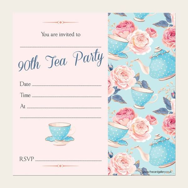 Dotty about Paper Birthday Party Invitations - Teapot & Roses - Pack of 10-90th. Celebration, Friends, Family, Ninety, Cute, Watercolour, Envelopes Included. (L165)