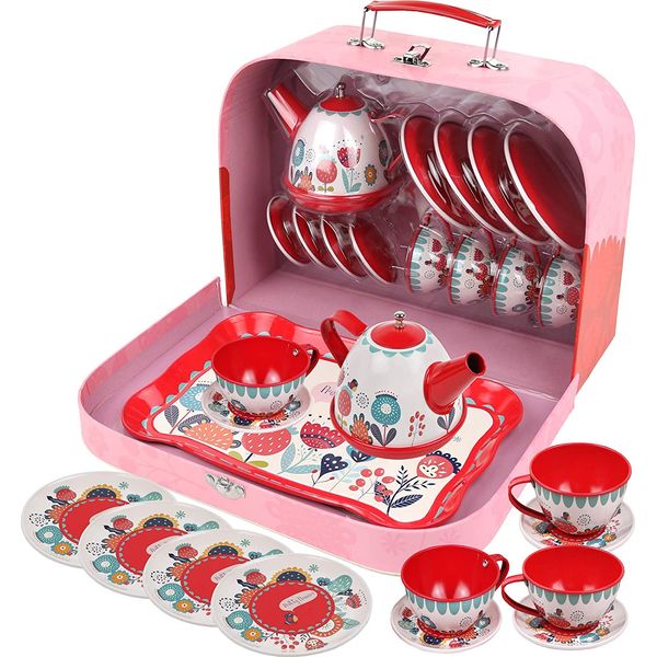 Tea Set for Little Girls Pretend Play Tea Party Set Floral Design Kids Tin Tea