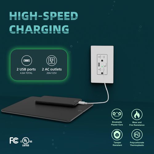 TOPELER 4.8A USB Wall Outlet Charger, 20 Amp Duplex Tamper-Resistant Receptacles Plug with USB-A Ports, Screwless Wallplate Included, UL & FCC Listed, White, 2Pack