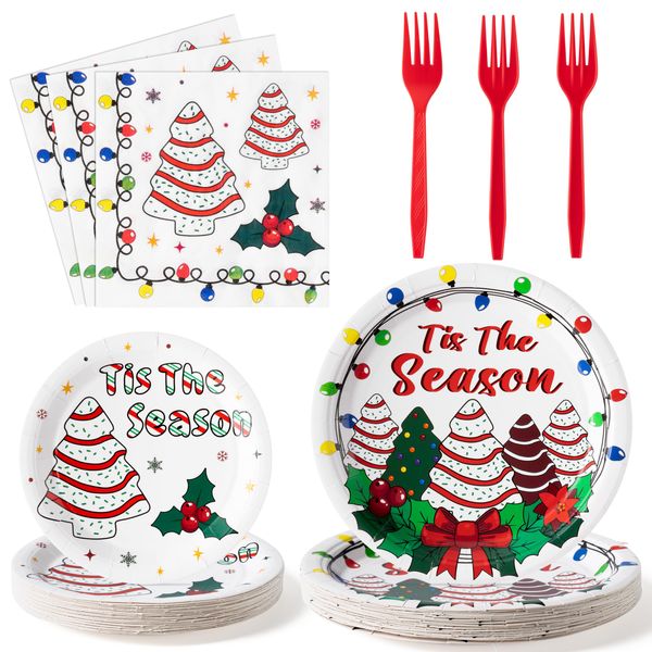 G1ngtar 96Pcs Christmas Tree Cake Party Plate Supplies - Snack Cake Xmas Tree Party Tableware Decoration Cute Tis The Season Disposable Paper Plate Napkin Fork for Winter Holiday Birthday, Serves 24