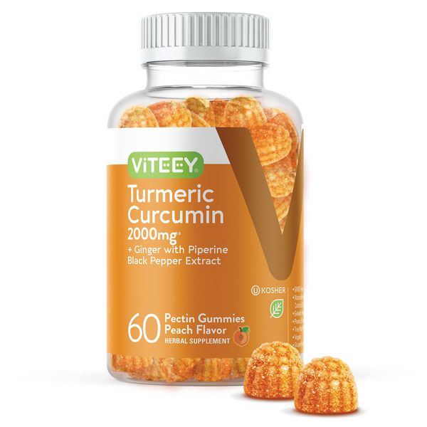 Turmeric Gummies with Turmeric Curcumin 2000mg, Ginger & Black Pepper Extract - Immune Support, Healthy Skin, and Joint Health - Vegan, Gelatin Free, GMO Free - Tasty Chewable Peach Flavored Gummy