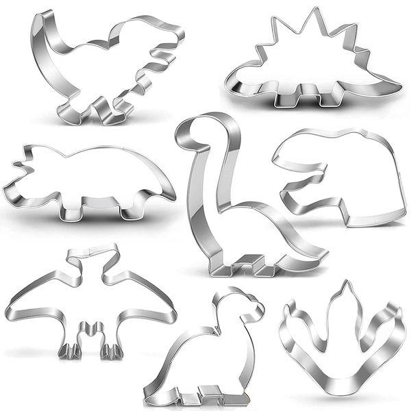 UKoosien Dinosaur Cookie Cutter Set, 8-Piece-Trex, Brontosaurus, Spinosaurus, Brachiosaurus, Triceratops, Dinosaur Head Footprint, Dinosaur Cookie Cutter Baking Mould for Kids Dinosaur Party