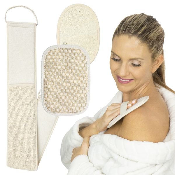 Vive Loofah Body Scrubber Set (3) - Back Scrubber for Use in Shower - Sponge Brush Pack for Exfoliating and Wash Back, Scalp, Face - Soft Luffa with Handle and Soap Holder - Men, Women, Elderly